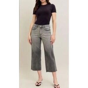Judy Blue Women's High Rise Wide Leg Cropped Grey Ombre Embroidered Jean Size 0